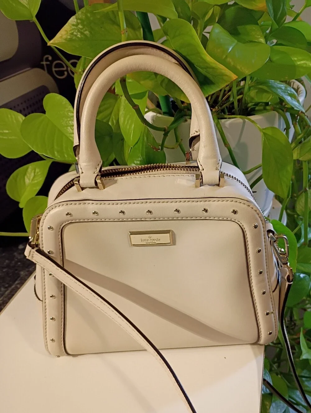 kate spade Cream Studded Satchel with Gold Hardware